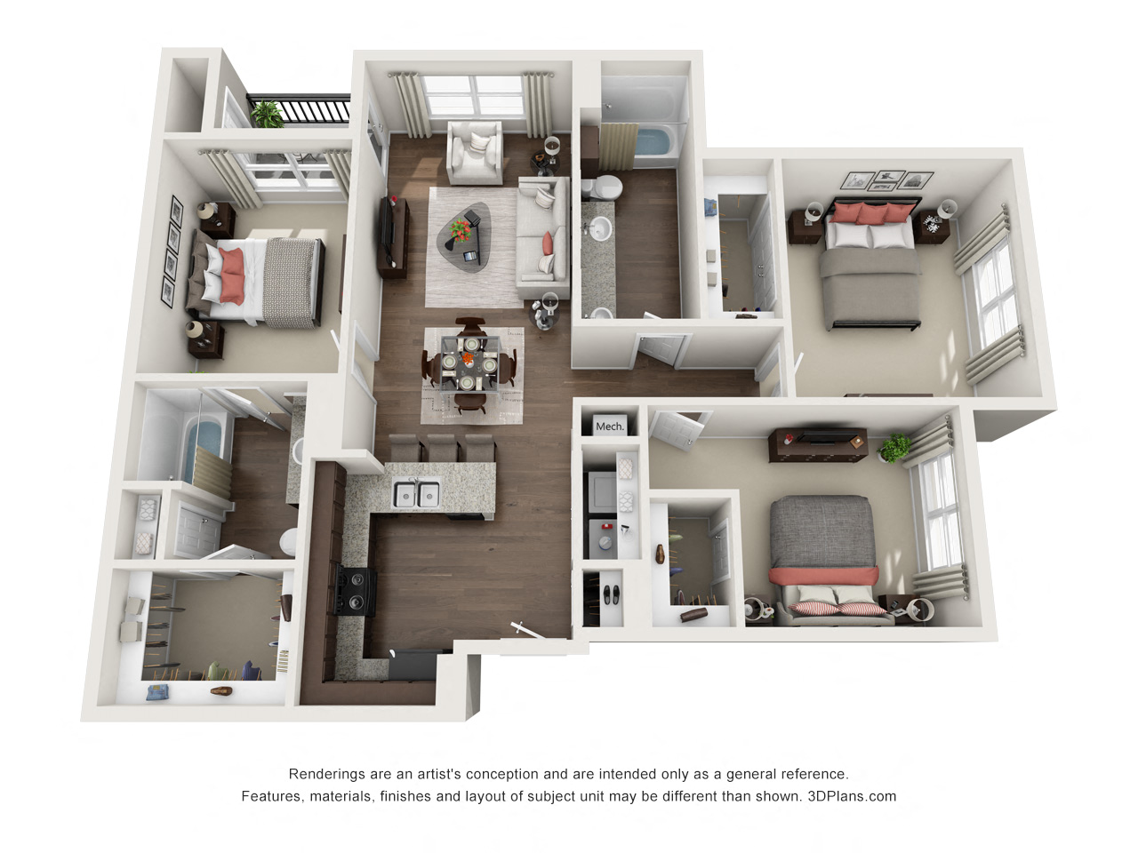Floor plan for 3 beds, 2 baths, 1296 sqft