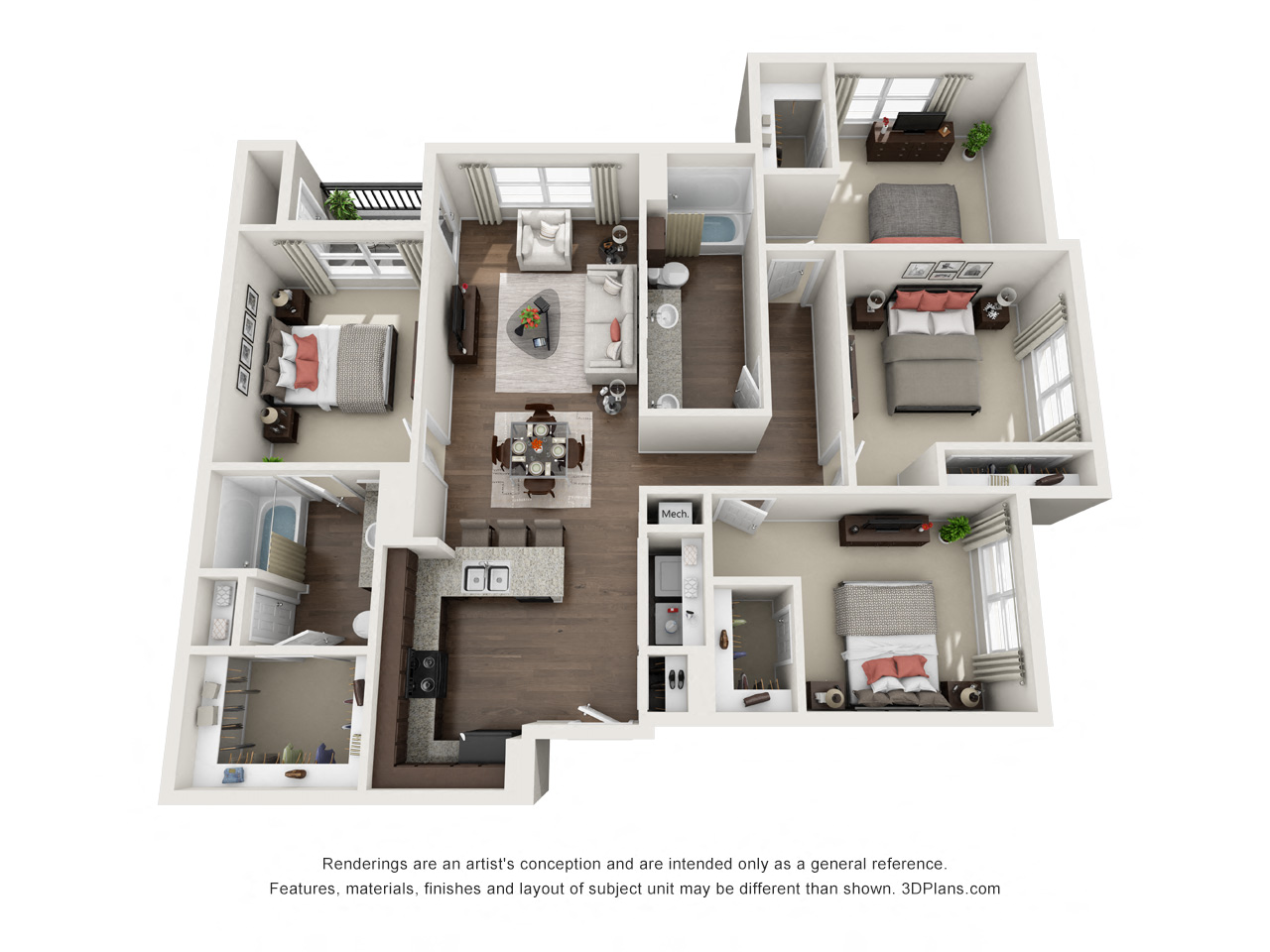 Floor plan for 4 beds, 2 baths, 1485 sqft