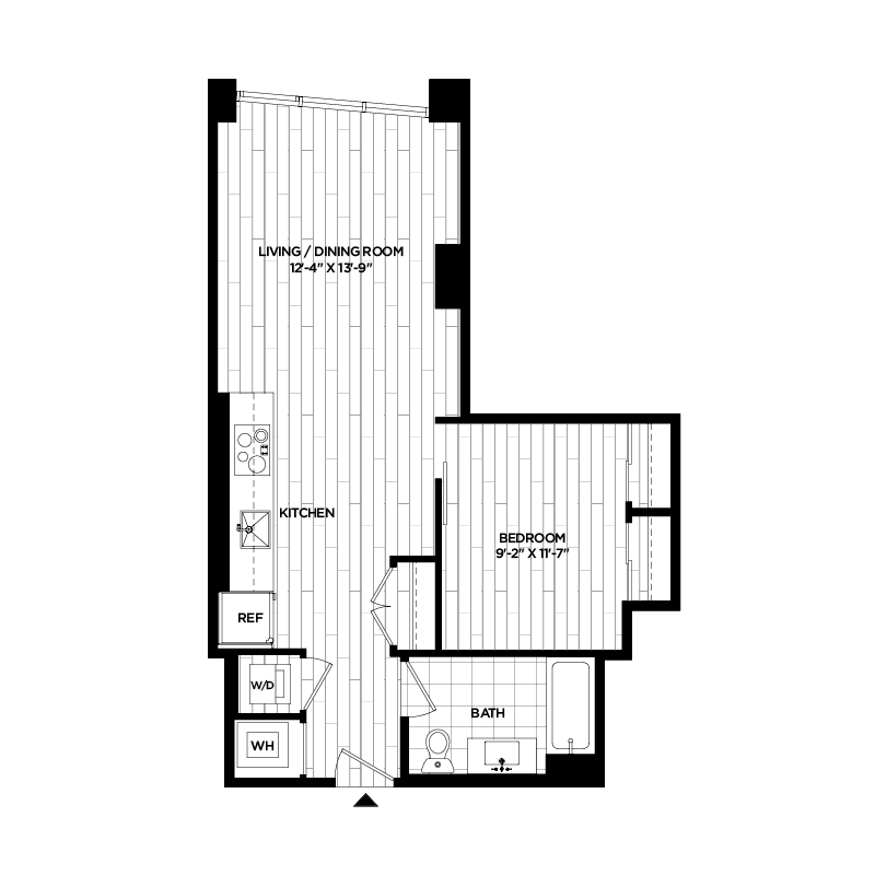 Floor plan for 1 bed, 1 bath, 608 sqft