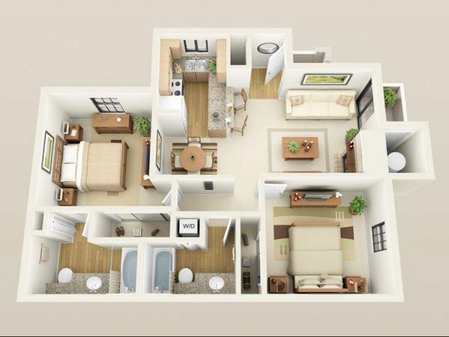Floor plan for 2 beds, 2 baths, 1000 sqft