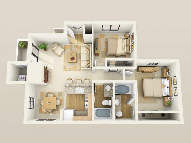 Floor plan for 2 beds, 2 baths, 960 sqft