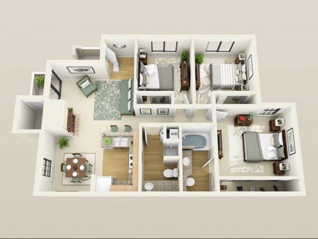 Floor plan for 3 beds, 2 baths, 1200 sqft