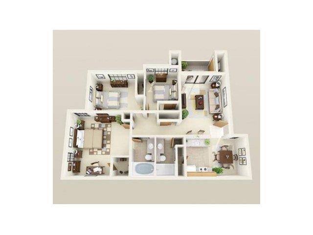Floor plan for 3 beds, 2 baths, 1253 sqft