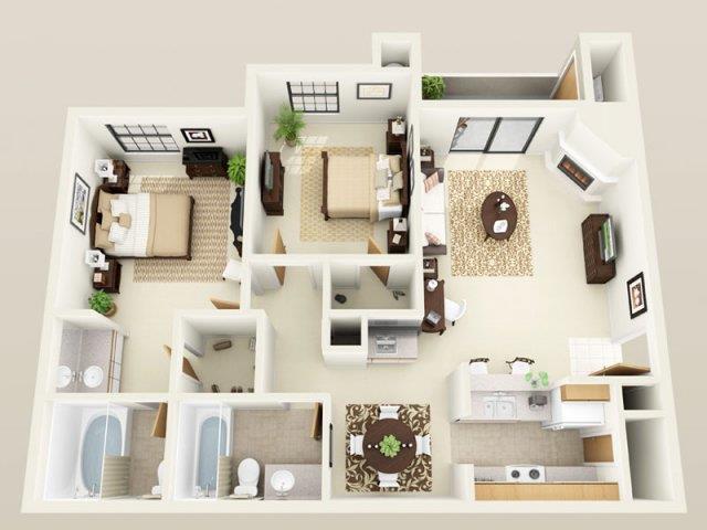 Floor plan for 2 beds, 2 baths, 1121 sqft