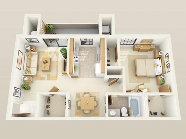 Floor plan for 1 bed, 1 bath, 720 sqft