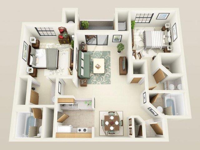 Floor plan for 2 beds, 2 baths, 960 sqft