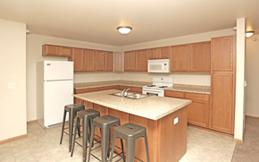 Stanley apartment for rent - a kitchen with a large island with bar stools