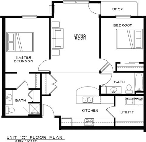 Floor plan for 2 beds, 2 baths, 1147 sqft