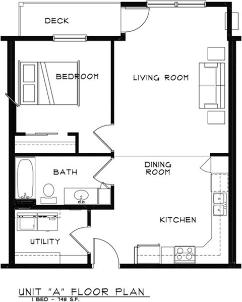 Floor plan for 1 bed, 1 bath, 748 sqft