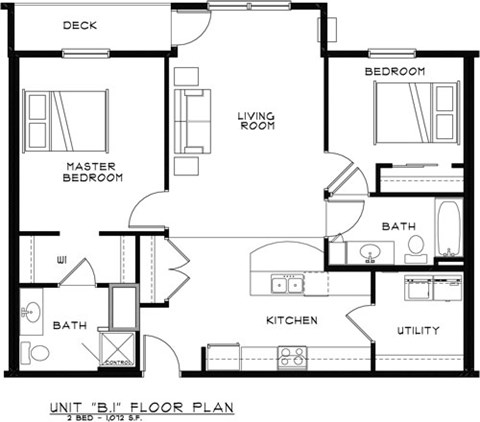 Floor plan for 2 beds, 2 baths, 1072 sqft