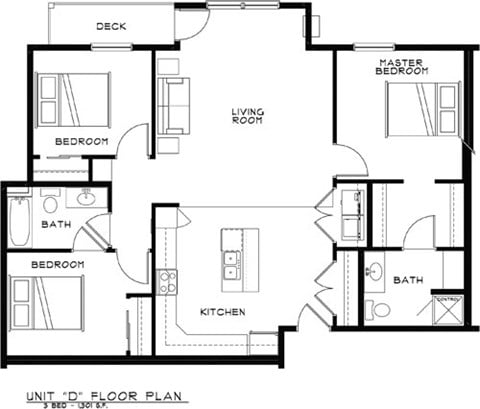 Floor plan for 3 beds, 2 baths, 1301 sqft