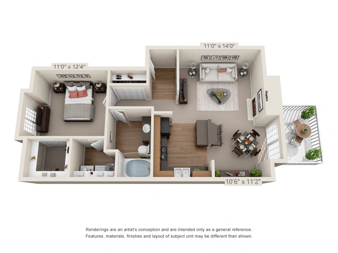 Floor plan for 1 bed, 1 bath, 804 sqft