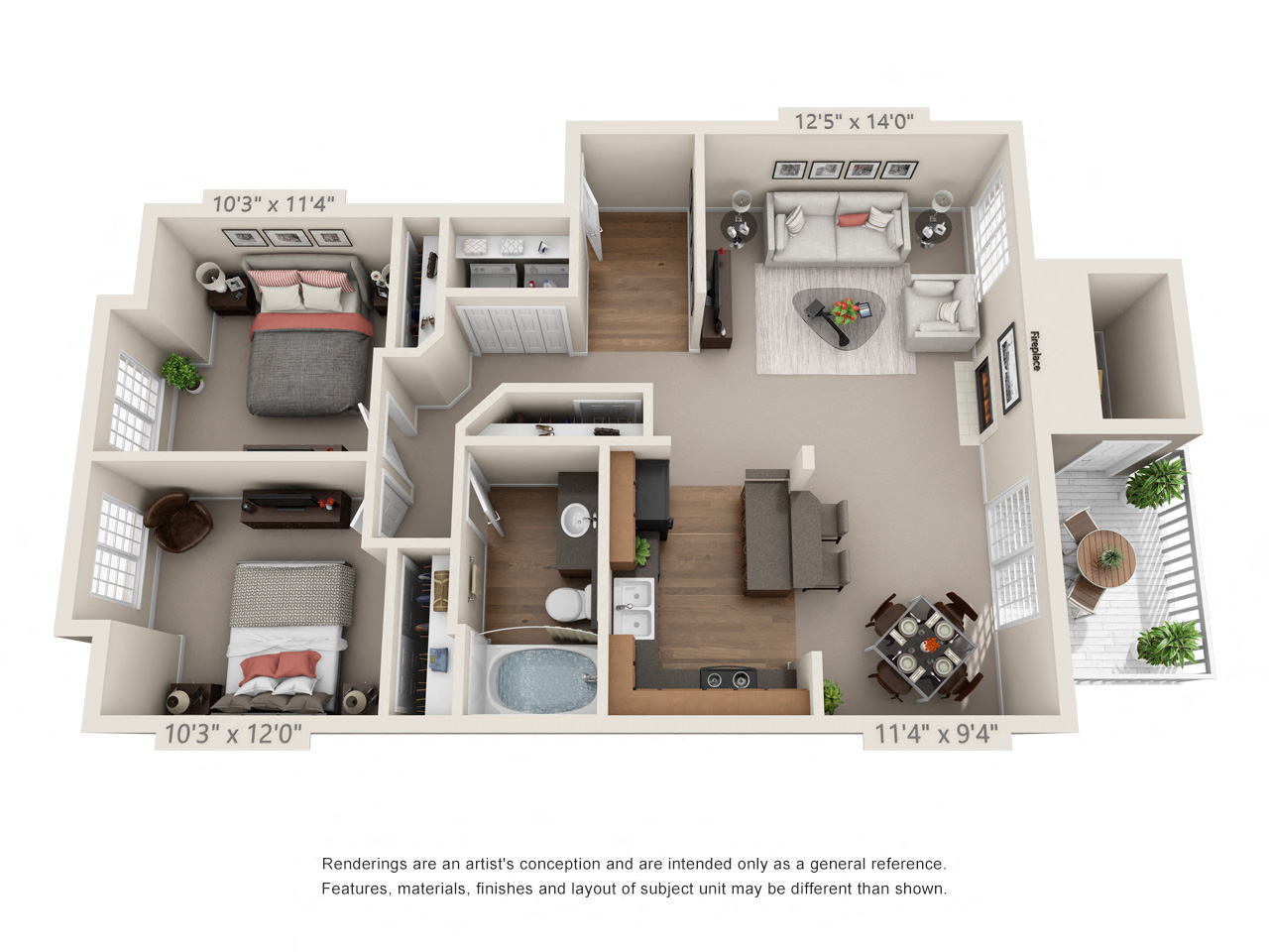 Floor plan for 2 beds, 1 bath, 979 sqft