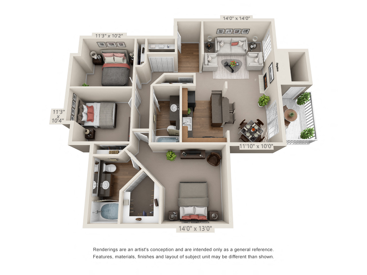Floor plan for 3 beds, 2 baths, 1315 sqft