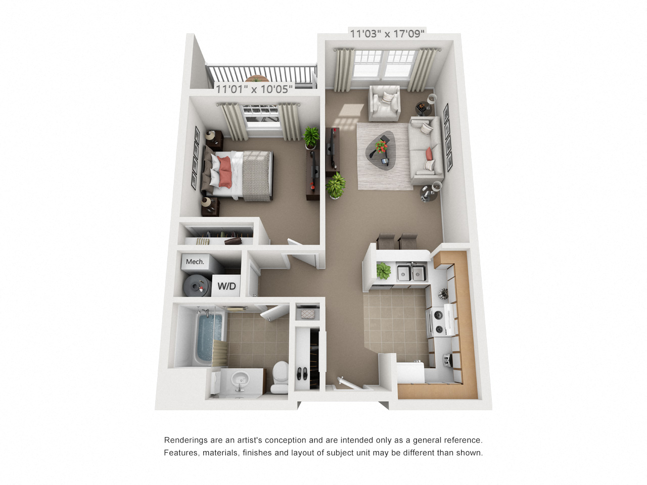Floor plan for 1 bed, 1 bath, 654 sqft