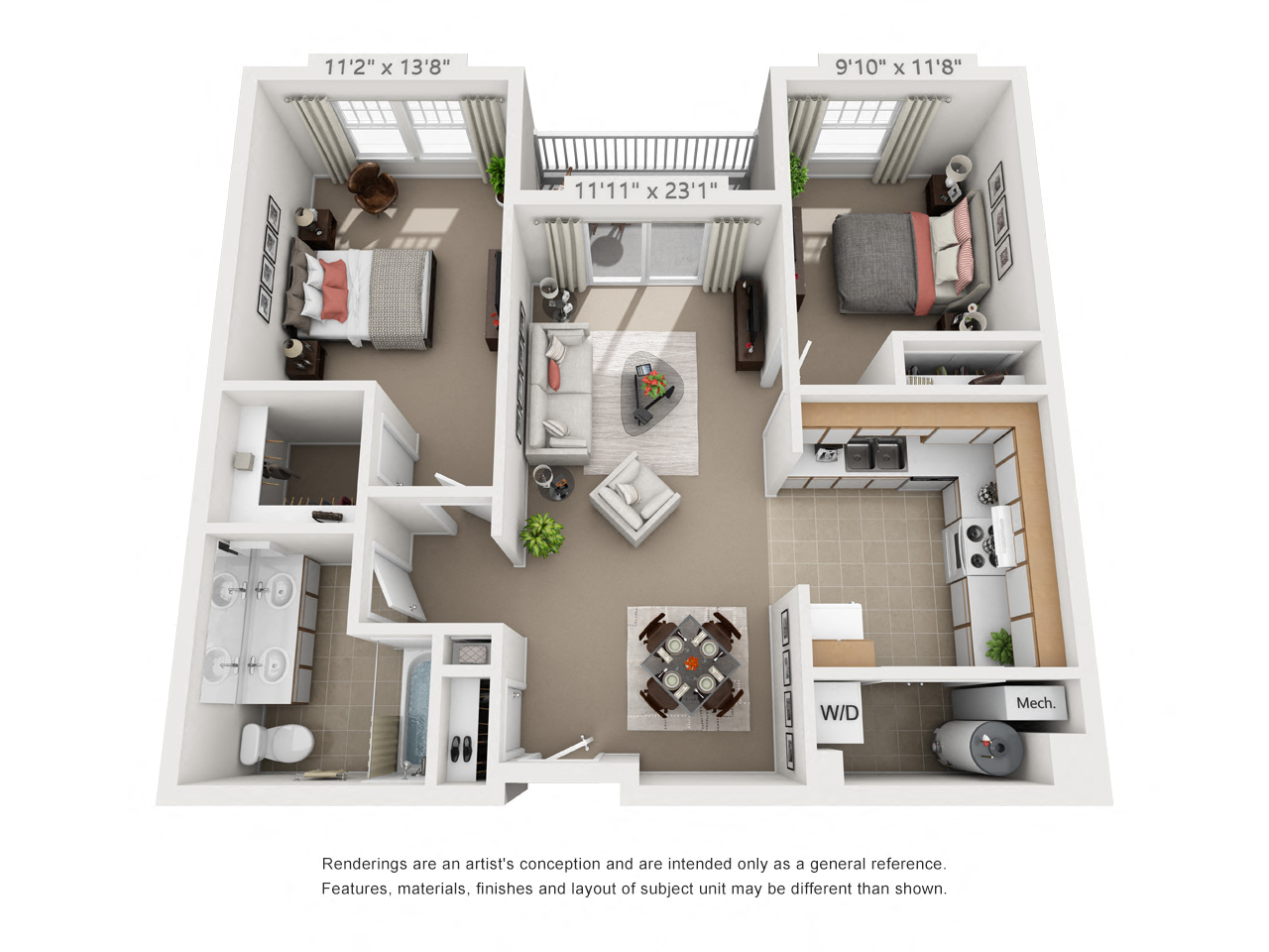 Floor plan for 2 beds, 1 bath, 976 sqft