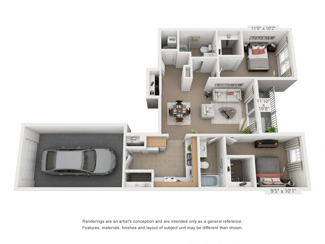 Floor plan for 2 beds, 2 baths, 976 sqft