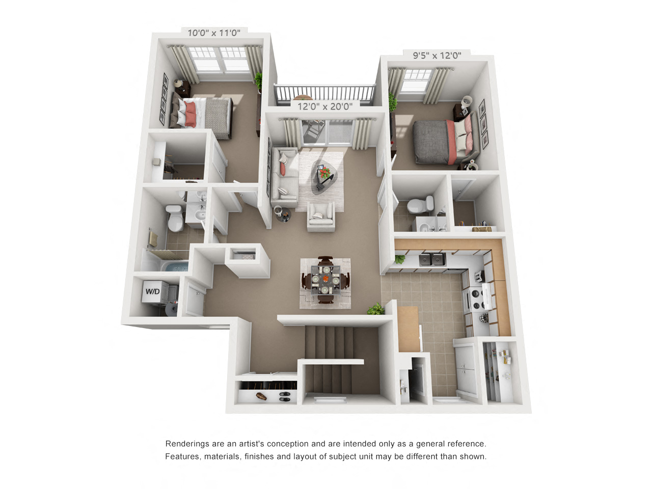 Floor plan for 2 beds, 1.5 baths, 1079 sqft