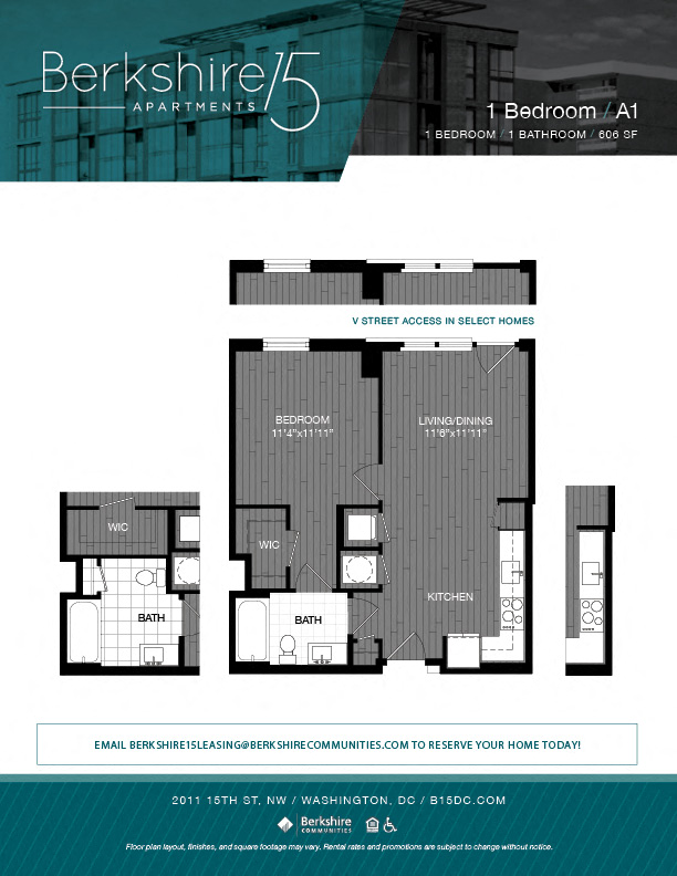 Floor plan for 1 bed, 1 bath, 606 sqft