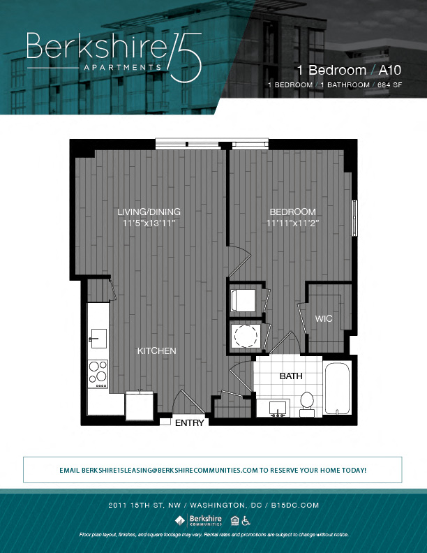 Floor plan for 1 bed, 1 bath, 684 sqft