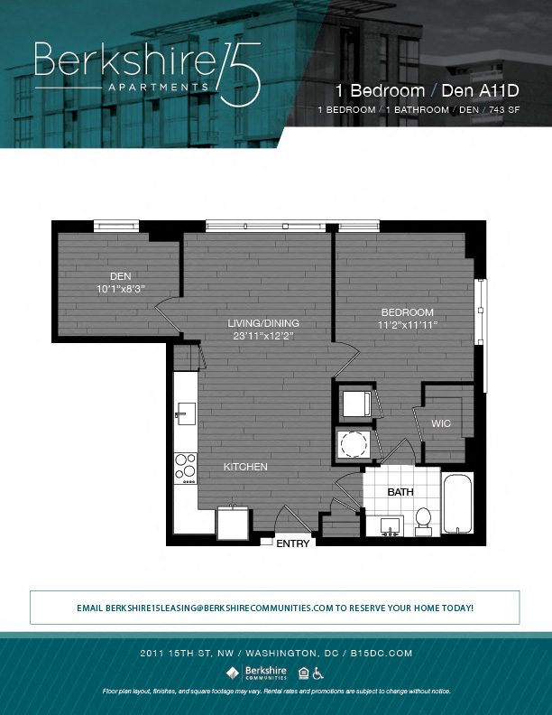 Floor plan for 1 bed, 1 bath, 743 sqft