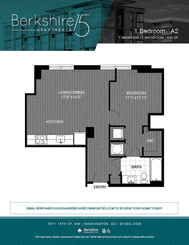 Floor plan for 1 bed, 1 bath, 636 sqft