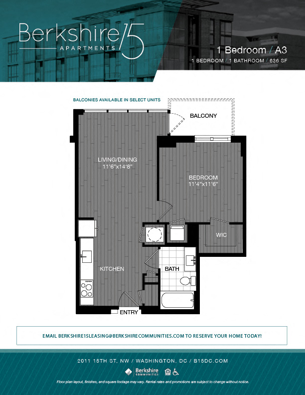Floor plan for 1 bed, 1 bath, 636 sqft