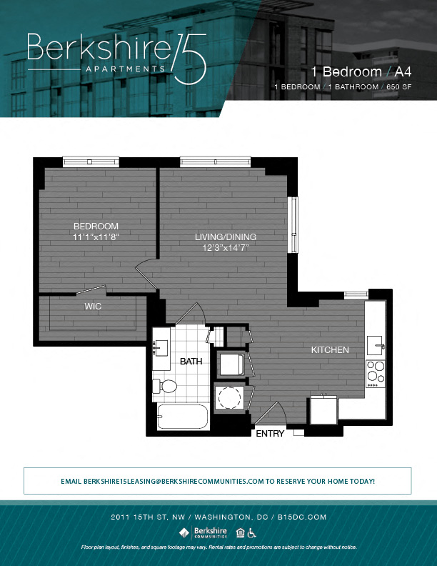 Floor plan for 1 bed, 1 bath, 650 sqft