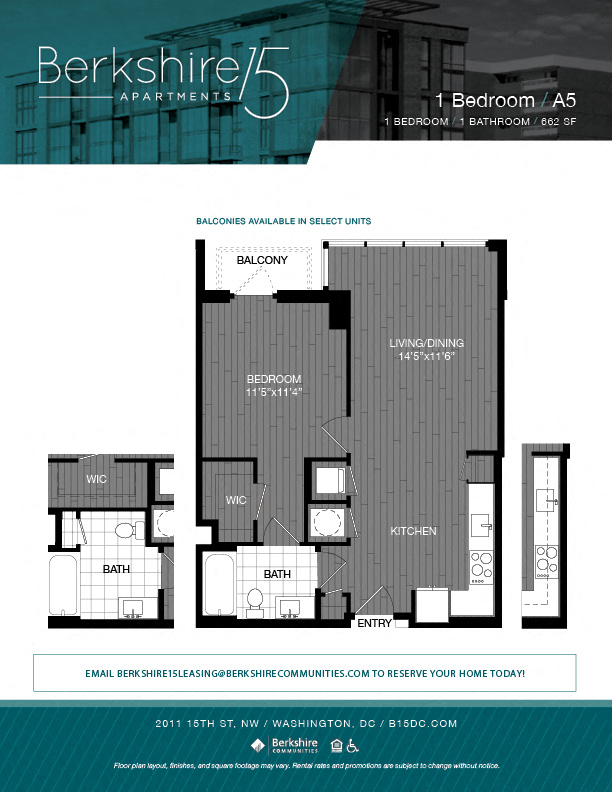 Floor plan for 1 bed, 1 bath, 662 sqft