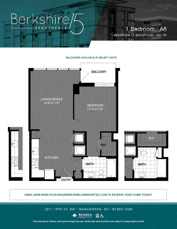 Floor plan for 1 bed, 1 bath, 662 sqft