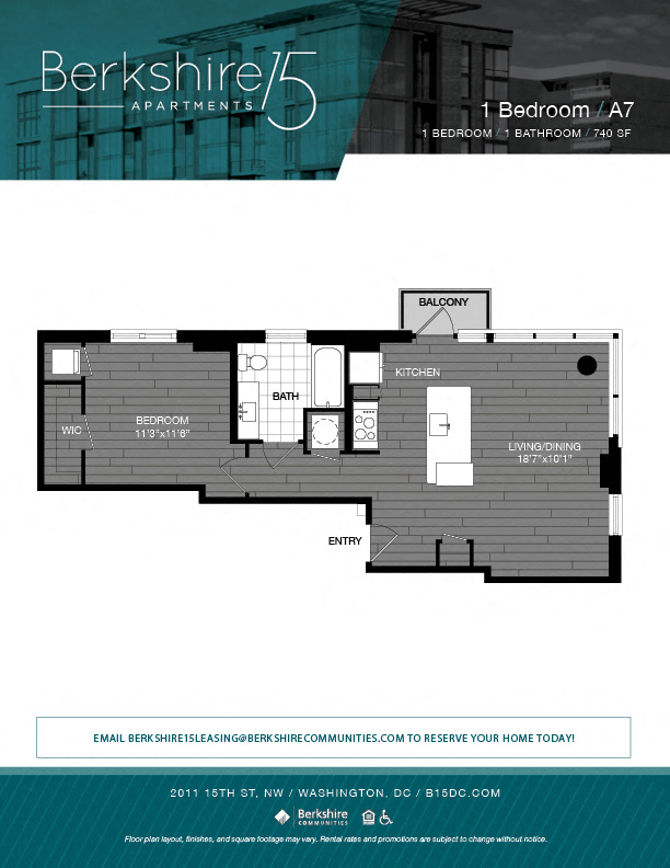 Floor plan for 1 bed, 1 bath, 740 sqft