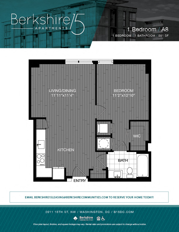 Floor plan for 1 bed, 1 bath, 581 sqft