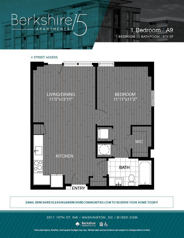Floor plan for 1 bed, 1 bath, 670 sqft