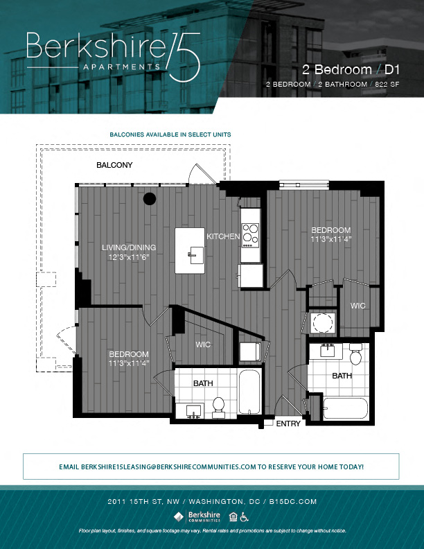 Floor plan for 2 beds, 2 baths, 822 sqft