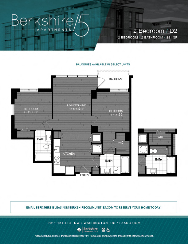 Floor plan for 2 beds, 2 baths, 881 sqft