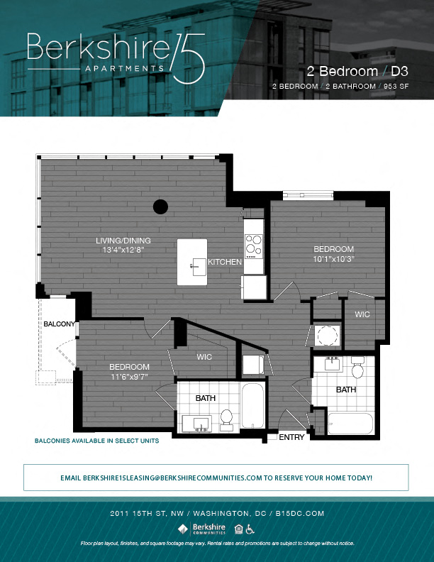 Floor plan for 2 beds, 2 baths, 953 sqft