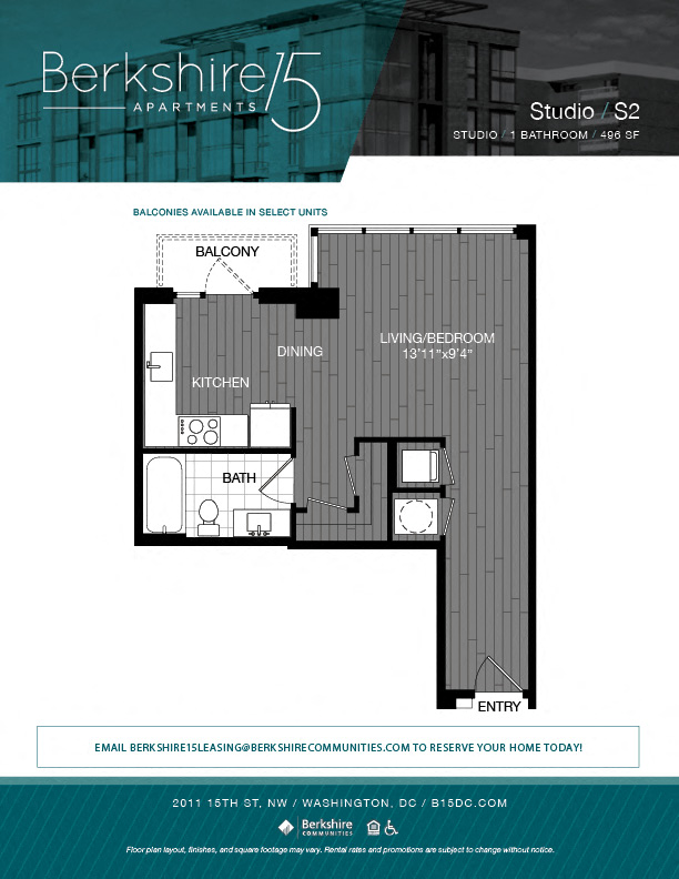 Floor plan for studio, 1 bath, 496 sqft