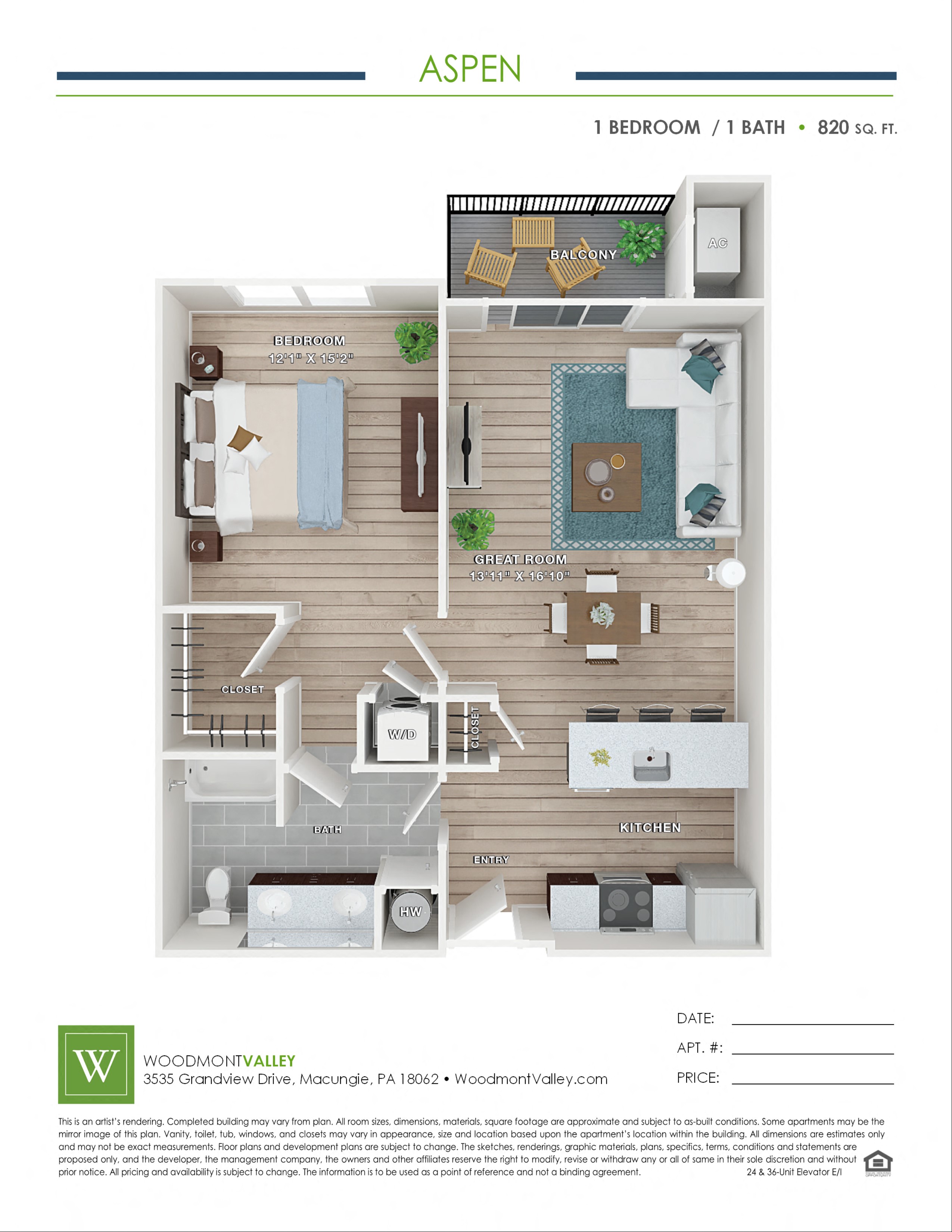 Floor plan for 1 bed, 1 bath, 820 sqft