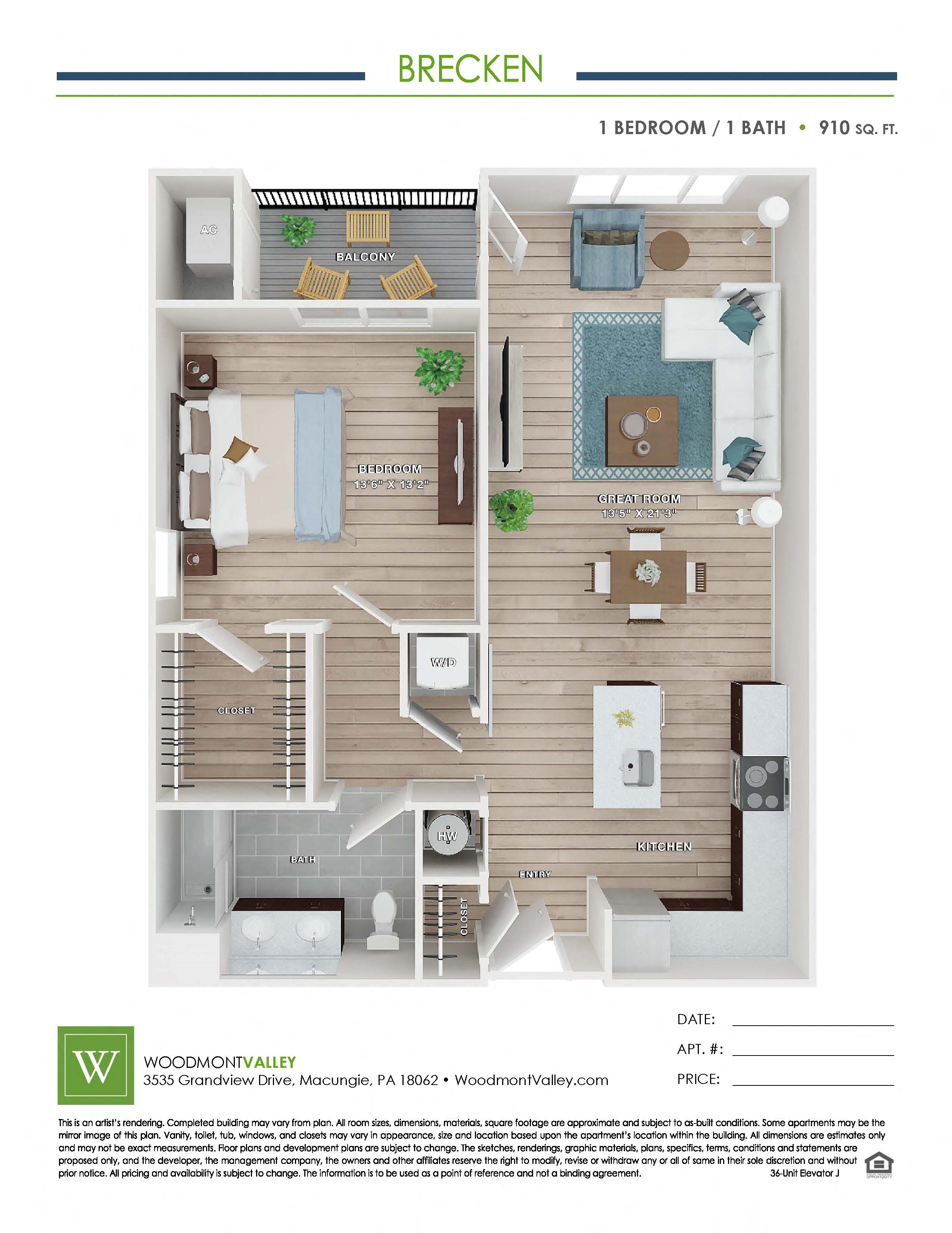 Floor plan for 1 bed, 1 bath, 910 sqft