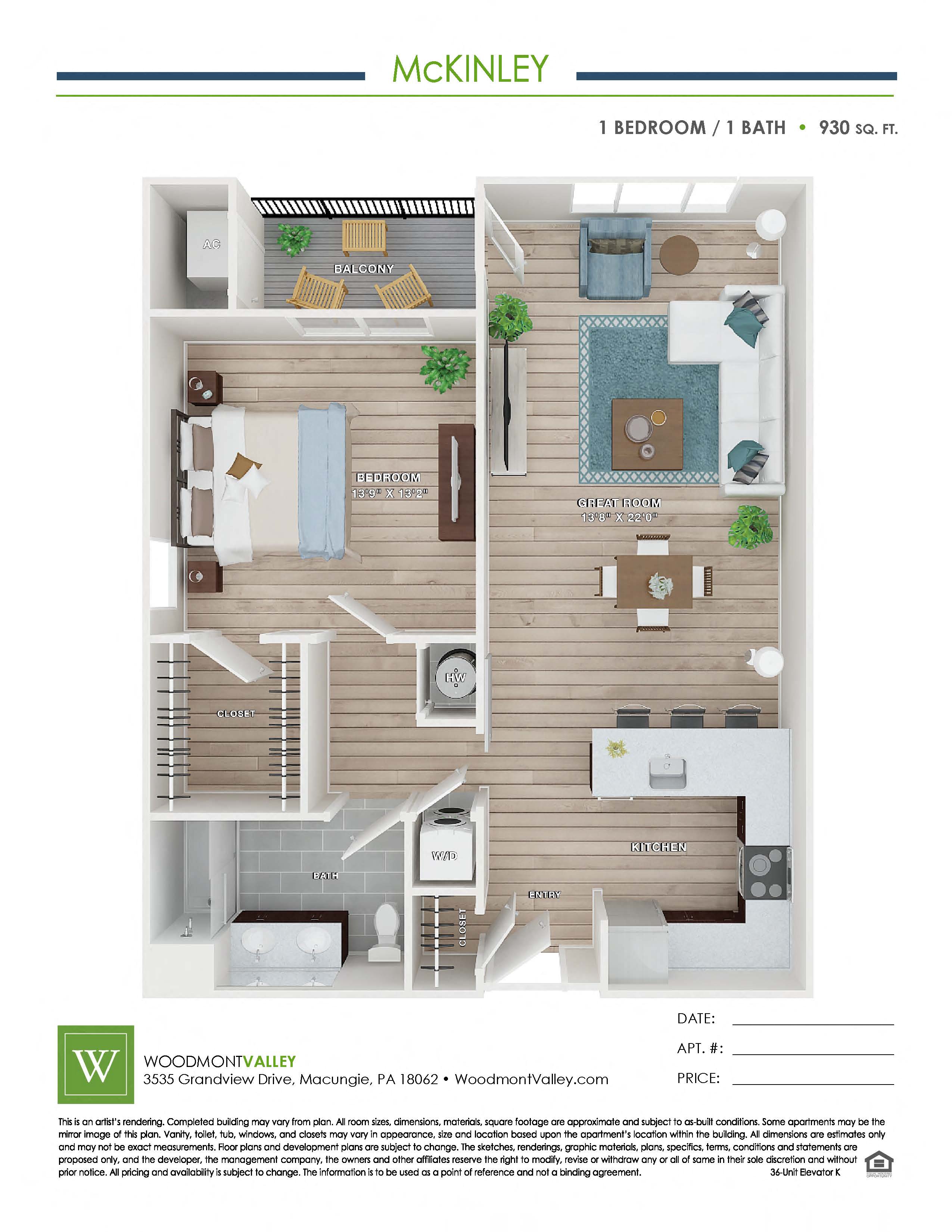 Floor plan for 1 bed, 1 bath, 930 sqft