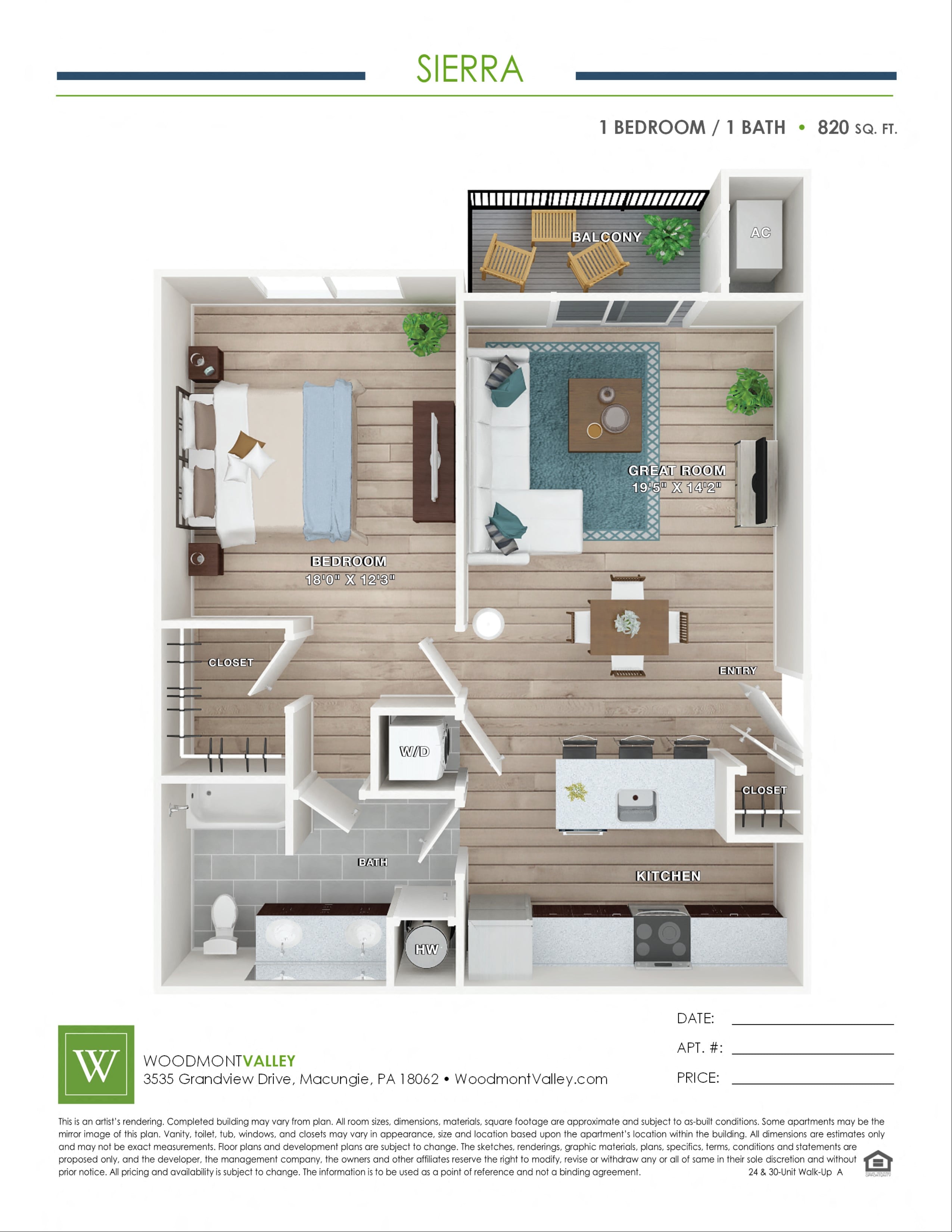 Floor plan for 1 bed, 1 bath, 820 sqft
