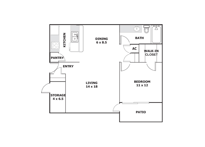 Floor plan for 1 bed, 1 bath, 734 sqft