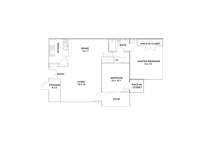 Floor plan for 2 beds, 1 bath, 956 sqft