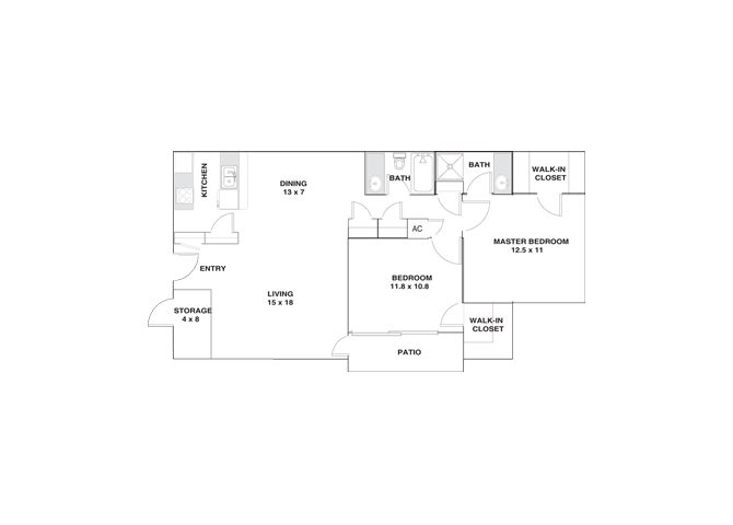 Floor plan for 2 beds, 1.5 baths, 1006 sqft