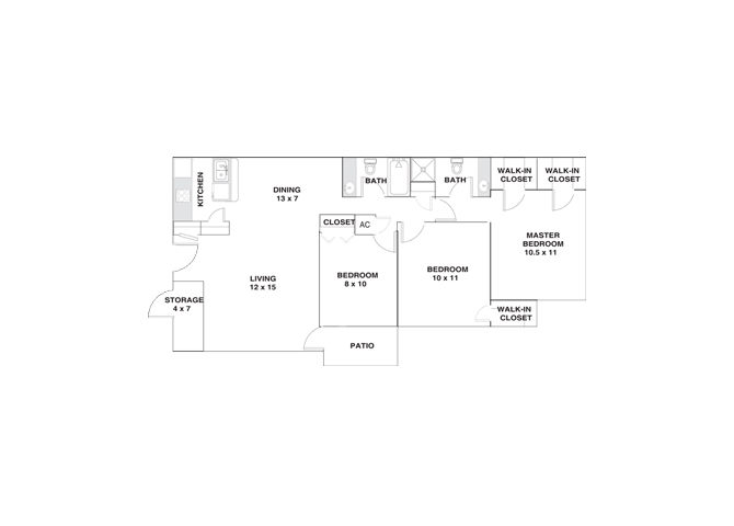 Floor plan for 3 beds, 2 baths, 1193 sqft