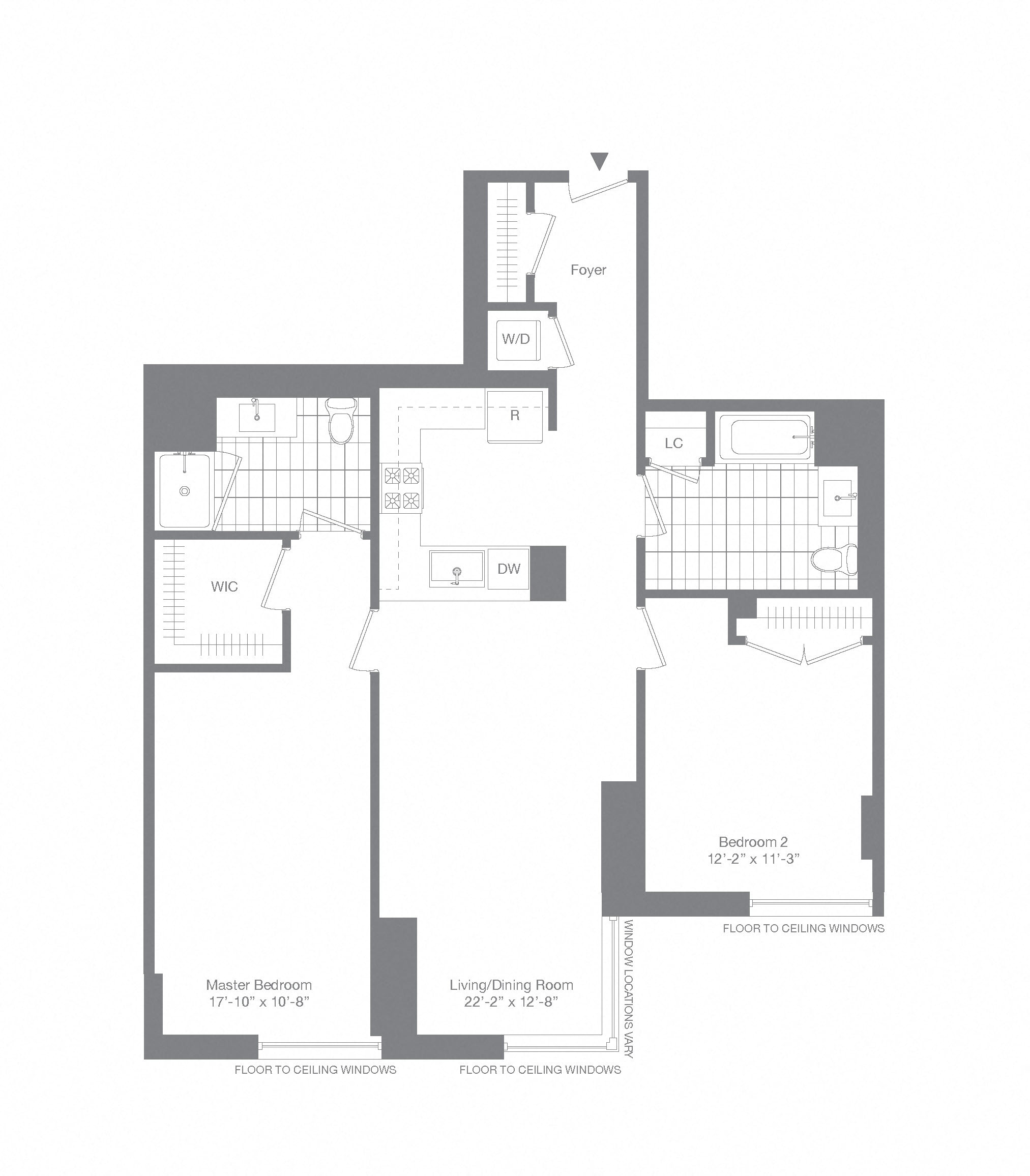 Floor plan for 2 beds, 2 baths, 1211 sqft