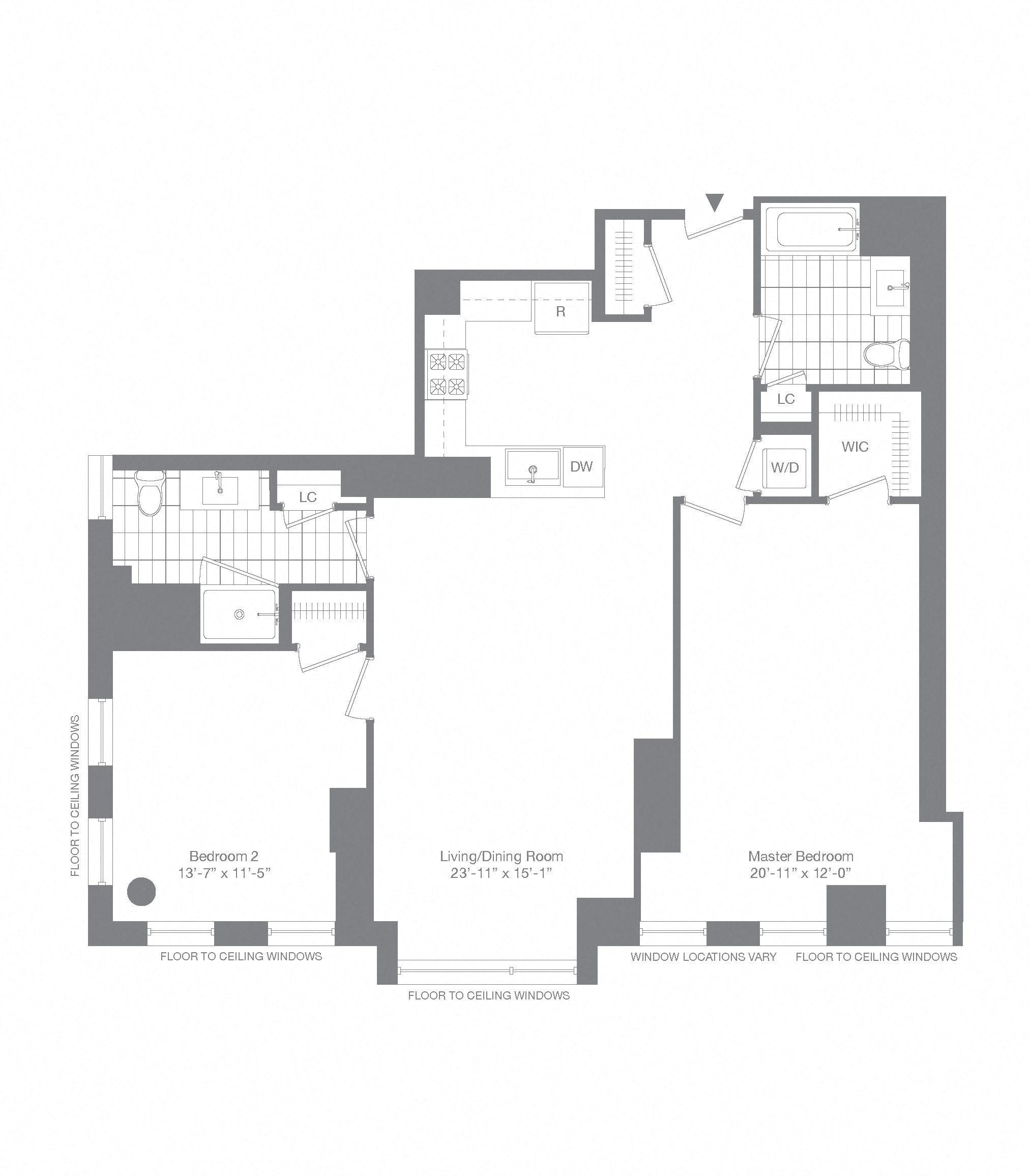 Floor plan for 2 beds, 2 baths, 1371 sqft