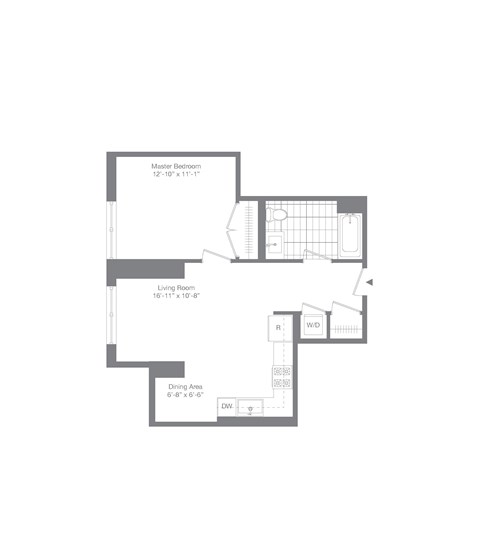 Floor plan for 1 bed, 1 bath, 660 sqft