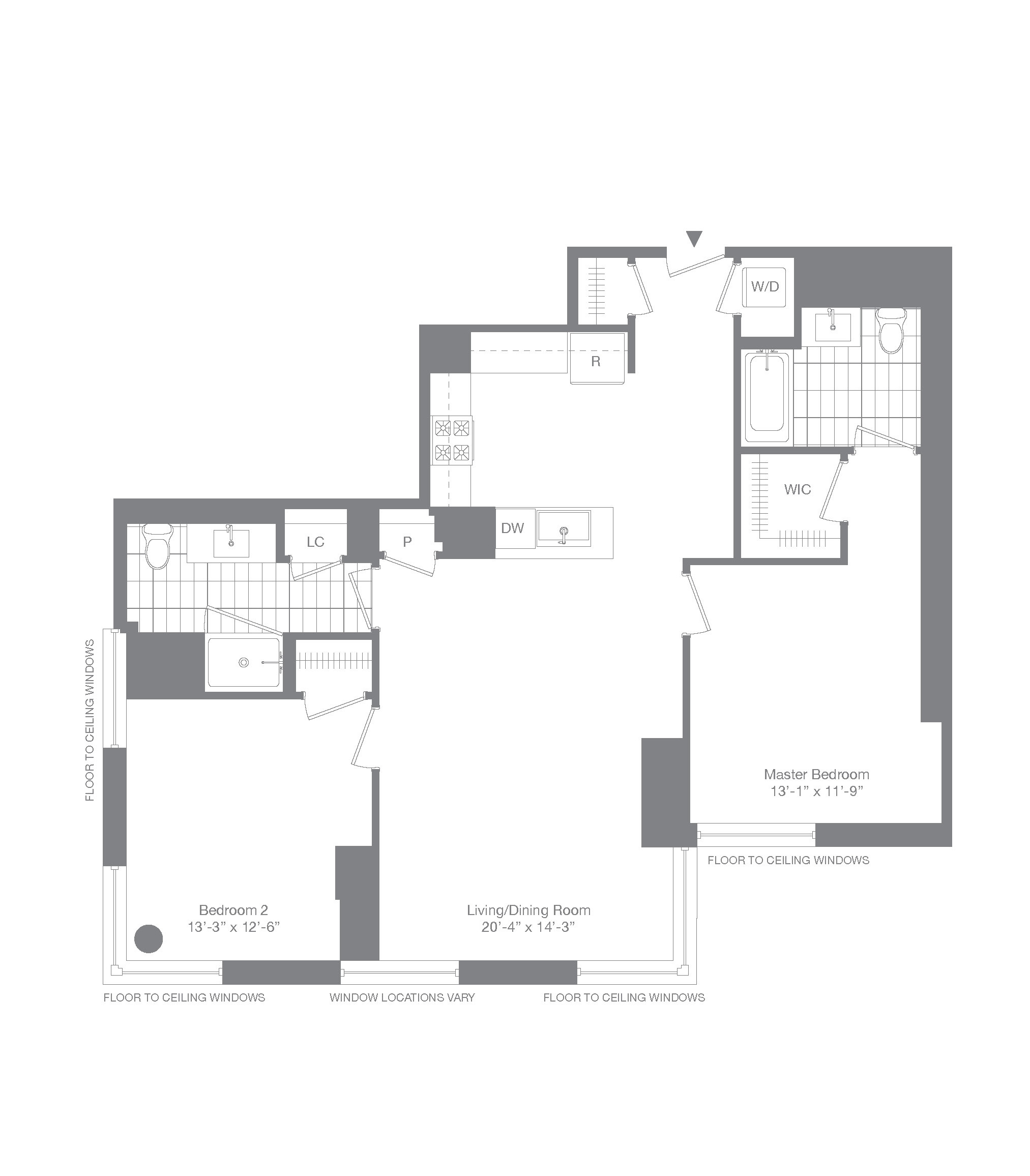 Floor plan for 2 beds, 2 baths, 1240 sqft