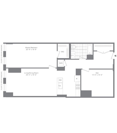 Floor plan for 1 bed, 1 bath, 1211 sqft
